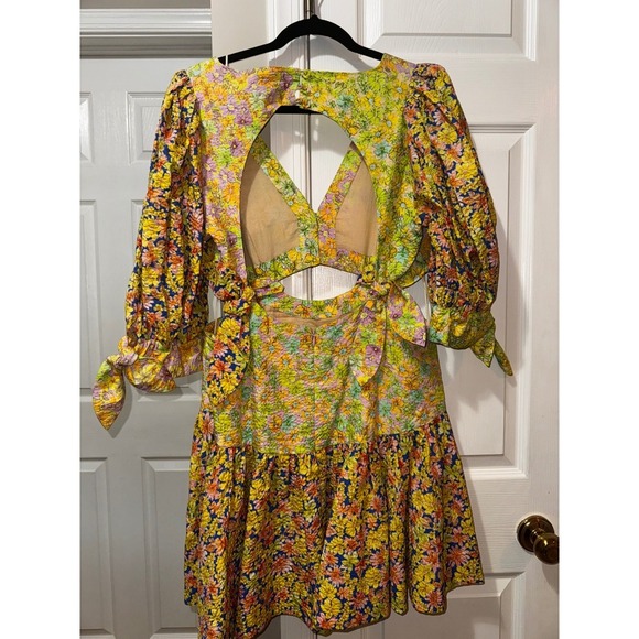 ALÉMAIS Floral Print Mini Dress Puff Sleeve Tie Cutout Backless Yellow US 10 - Picture 8 of 12